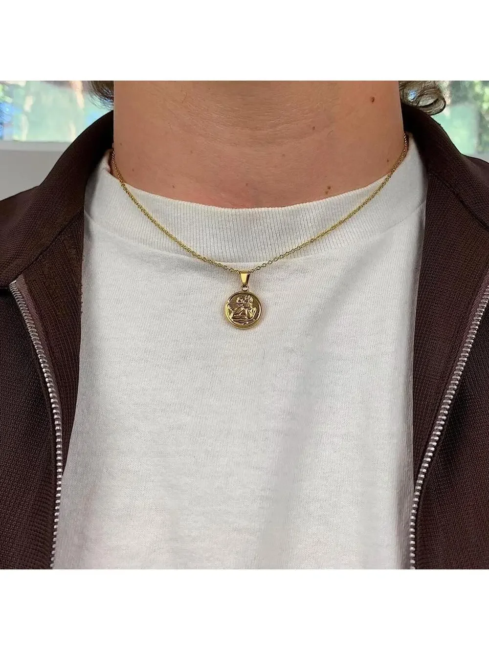 Cute Baby Angel Stainless Steel Gold Plated Circle Pendant y2k 90s style